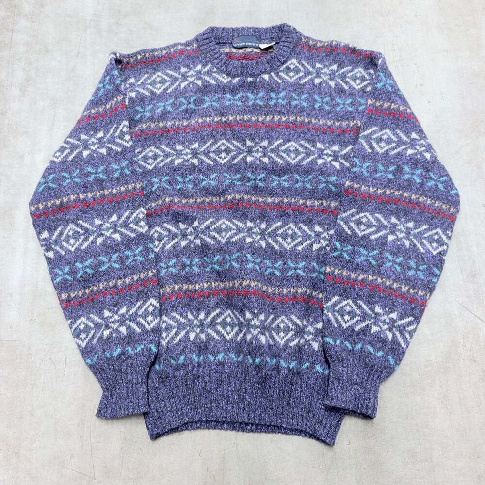 Kenneth Stevens Wool Sweater Size L Purple Fair Isle Geometric Vintage